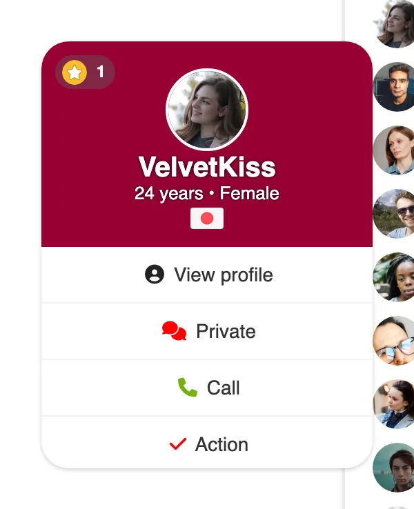 A member card: View profile, Private, Call, Action